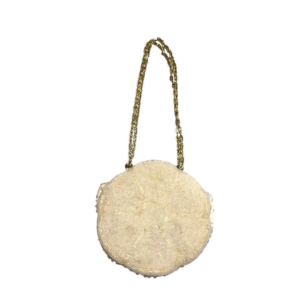 Beaded Evening Bag Rochere Round White Flower Adjustable Chain Strap Vintage